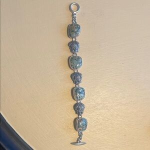 Elegant Silver and green Stone Bracelet with Frogs